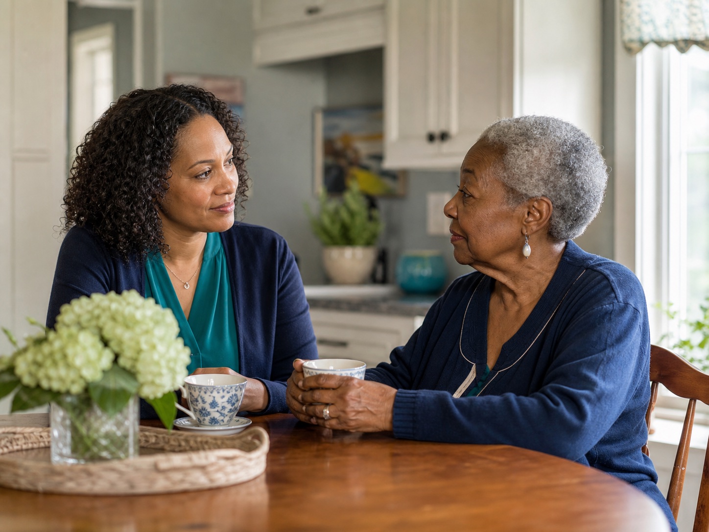 A caregiver listening to an older adult at her kitchen table